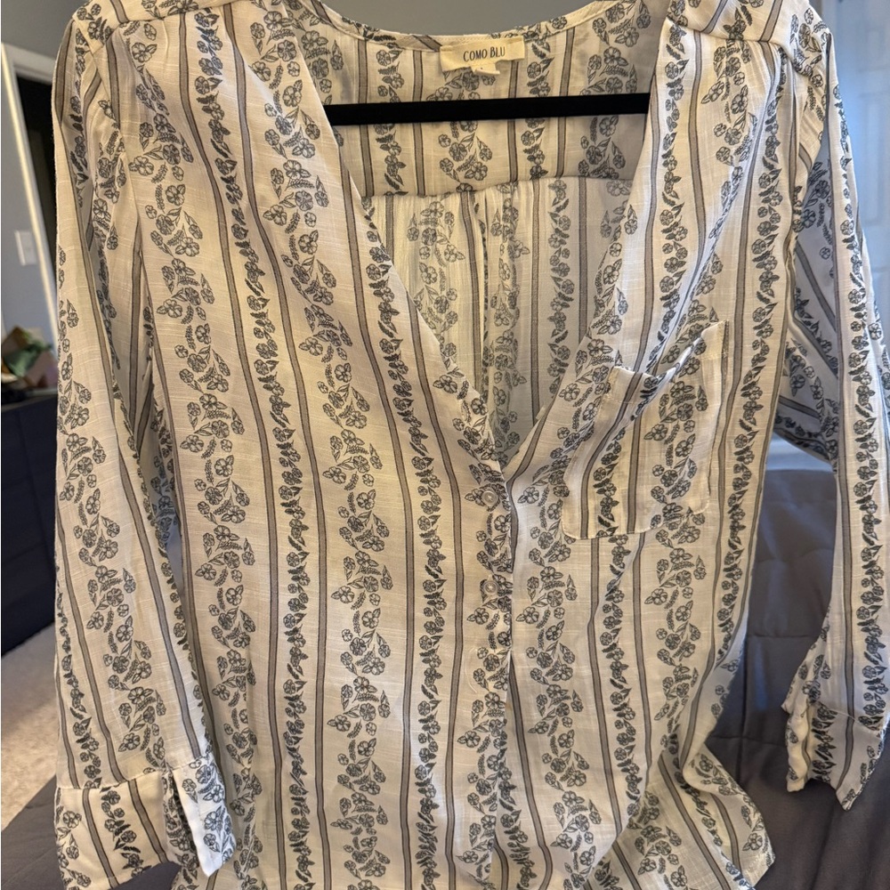 Como Blu Women's Striped Floral Blouse - Cream and Gray